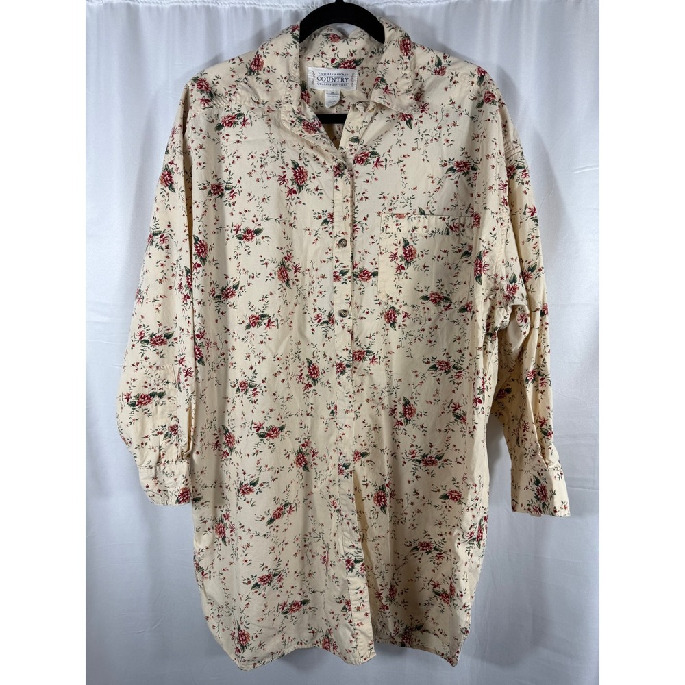 Vintage Victorias Secret Country Cotton Floral Nightgown Sleepshirt‎ Beige Red M